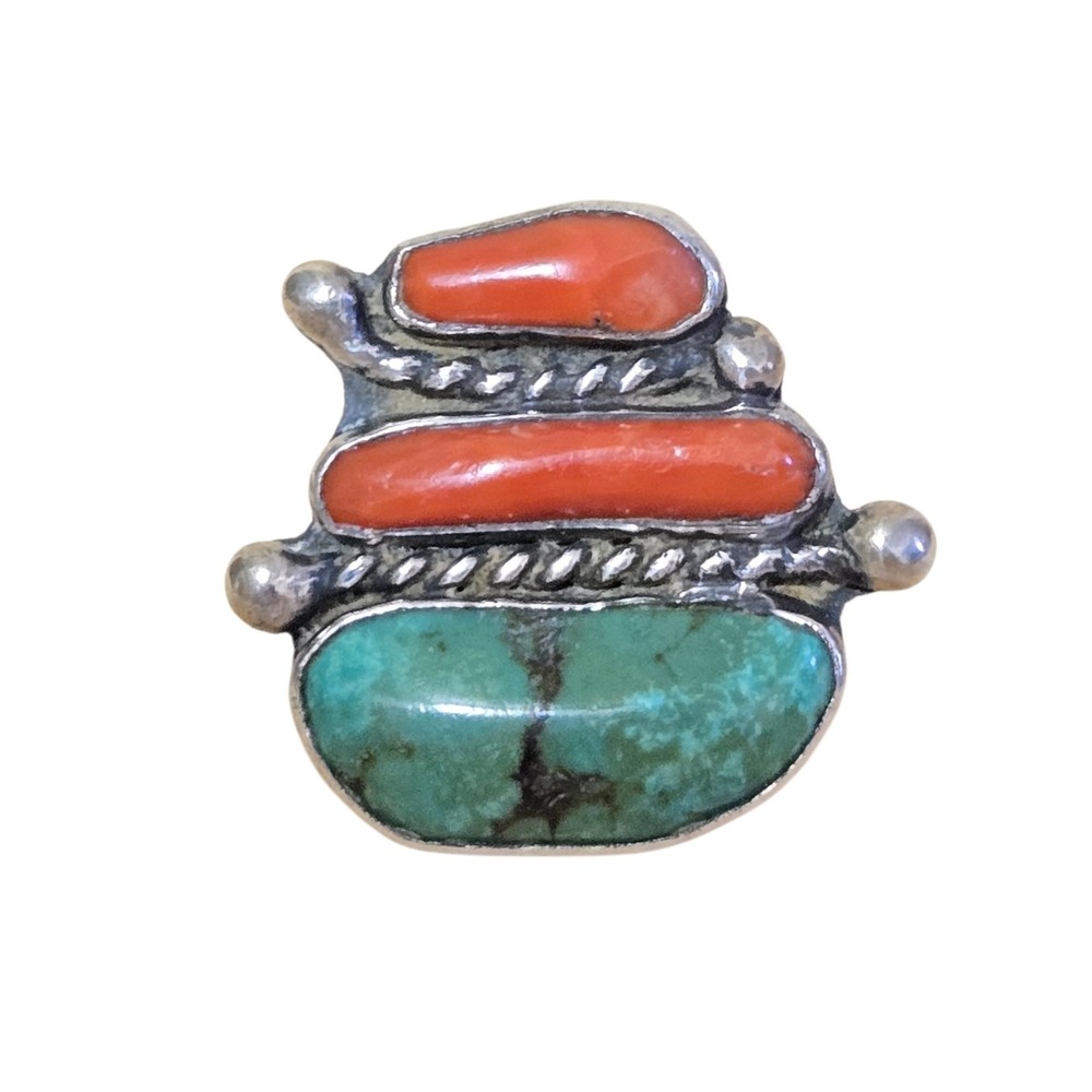 Vintage Native American Sterling Silver Turquoise Coral Ring Sz 5.5 Ring Signed